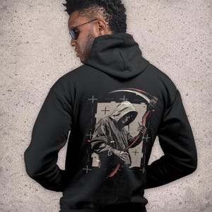 Grim Reaper-huvtröja med ryggtryck, alternativ streetwear, svart grafisk pullover bild 5