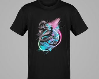 Neon Dragon T-Shirt, Pink/Teal Vaporwave Graphic, Unisex 180gsm