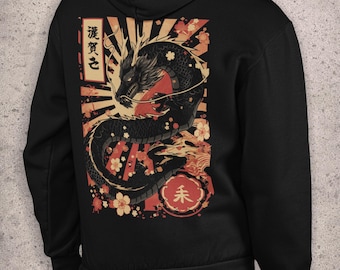 Bluza z kapturem Ukiyo-e Dragon, japońska grafika z czerwonym słońcem, czarna