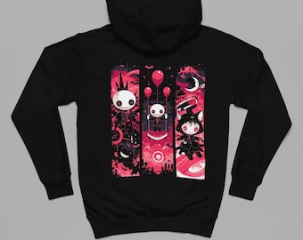 Kawaii Goth Triptyk Hoodie, Skull Bunny-grafik, Pastell Goth Streetwear