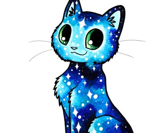 Blue Glitter Galaxy Kitty - 8x10 Art Print - blue space star cat illustration copic marker