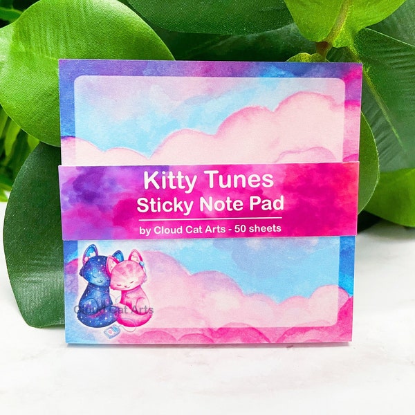 Kitty Tunes - Sticky Note Pad Stationery - Post It brand - 50 sheets - cute kawaii cat love partner couple relationship music pink blue