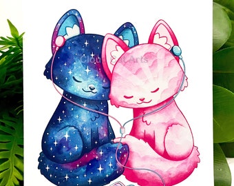 Kitty Tunes - 5"x7" Art Print - Handmade - cute kawaii couple cat illustration blue pink space galaxy star sunrise