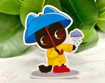 Rainy Day Milo - Matte - Die Cut Vinyl Sticker - black cat kitty - cute kawaii rain