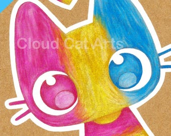 Cute Cat ACEO Art Print, Pansexual Pride, Colored Pencil Kawaii Illustration, Pan LGBTQ 2.5x3.5