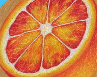 Blood Orange ACEO ART PRINT, Colored Pencil Fruit Illustration, Realistic Food Art (2.5"x3.5")