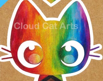 Cute Cat ACEO Art Print, Gay Progress Pride, Colored Pencil Kawaii Illustration, Gay LGBTQ 2.5x3.5