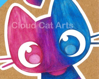 Cute Cat ACEO Art Print, Bisexual Pride, Colored Pencil Kawaii Illustration, Bi LGBTQ 2.5x3.5