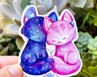 Kawaii Couple Cat Sticker, Space Galaxy Vinyl Decal, Sunrise Cat Lovers Gift