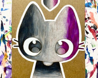Cute Cat ACEO Art Print, Asexual Pride, Colored Pencil Kawaii Illustration, Ace LGBTQ 2.5x3.5
