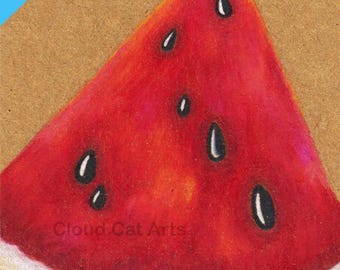 Watermelon ACEO ART PRINT, Colored Pencil Fruit Illustration, Realistic Food Art (2.5"x3.5")