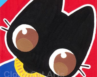 Black Cat ACEO Art Print, Acrylic Marker Kawaii illustration, Cat Lover Gift  2.5x3.5
