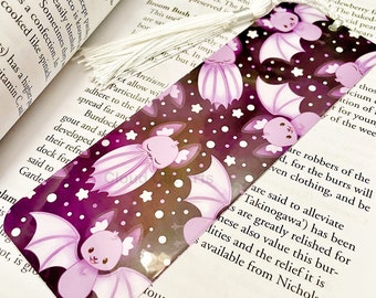 Bitty Bats Bookmark - Handmade -Laminated with Tassel - cute kawaii halloween bat purple black book reading