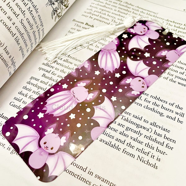 Bitty Bats Bookmark - Handmade -Laminated with Tassel - cute kawaii halloween bat purple black book reading