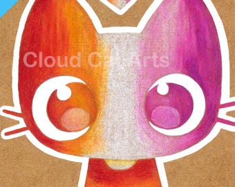 Cute Cat ACEO Art Print, Lesbian Pride, Colored Pencil Kawaii Illustration, LGBTQ 2.5x3.5
