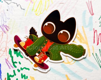 Kick Flip Milo - Die Cut Vinyl Sticker - black cat cute kawaii