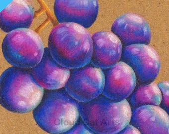 Purple Grapes ACEO ART PRINT, Colored Pencil Fruit Illustration, Realistic Food Art (2.5"x3.5")