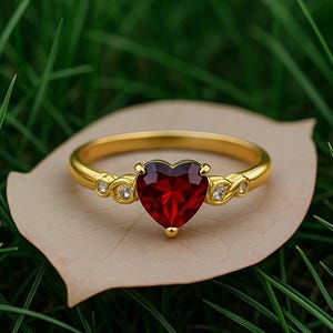 Gold Ruby Heart Ring, Sterling Silver Garnet Ring, Minimalist Birthstone Jewelry, January Birthday Gift, Romantic Anniversary Ring for Her