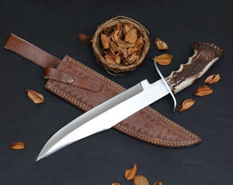 Personalized Handmade Damascus Steel Hunting Knife with Stag Antler Horn Handle, Best gift for him, gift husband, gift for boyfriend.