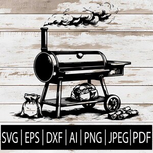 May include: Black and white illustration of a barrel-style smoker grill with smoke billowing from the chimney. Includes a side shelf, wheels, and a lower rack. A sack, a wrapped item, and logs are also depicted. The bottom of the image displays the text: SVG | EPS | DXF | AI | PNG | JPEG | PDF.