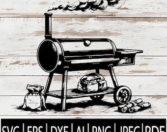 May include: Black and white illustration of a barrel-style smoker grill with smoke billowing from the chimney. Includes a side shelf, wheels, and a lower rack. A sack, a wrapped item, and logs are also depicted. The bottom of the image displays the text: SVG | EPS | DXF | AI | PNG | JPEG | PDF.