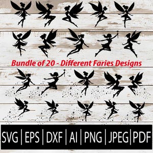 Fairy silhouet SVG-bundel | 20 magische feeën clipartontwerpen | Tinkerbell Style Fairy Cricut Eps Png Jpg Dxf Ai Pdf-bestanden digitale download