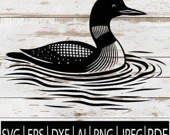 May include: A black and white graphic of a loon swimming in water. The loon has a detailed design with white dots and lines. The image is set against a white wooden background. The bottom of the image has the text "SVG | EPS | DXF | AI | PNG | JPEG | PDF".