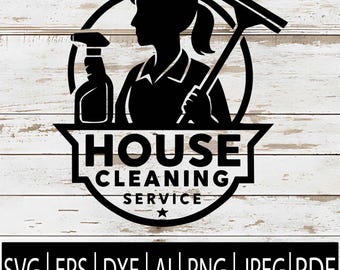 May include: Black and white logo for a house cleaning service. The logo features a silhouette of a person holding a spray bottle and a squeegee. The words "HOUSE CLEANING SERVICE" are displayed prominently. Below the logo are file format options: SVG, EPS, DXF, AI, PNG, JPEG, and PDF.