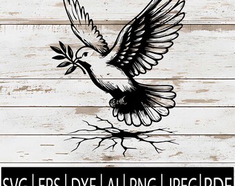 May include: Black and white illustration of a dove in flight, carrying an olive branch. The dove is depicted with detailed wings and a textured body. The image includes the text "SVG | EPS | DXF | AI | PNG | JPEG | PDF" at the bottom.