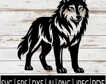 May include: A black wolf silhouette with detailed fur and a smiling expression. The image is set against a white wood-grain background. The bottom of the image displays file format options: SVG, EPS, DXF, AI, PNG, JPEG, and PDF.