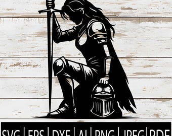 Kvinnlig riddare SVG | Knäböjande krigarkvinnasilhuett | Medeltida svärdsklippfil för Cricut, CNC, Laser, Sub | Svg Eps Png Dxf Pdf Ai Jpg