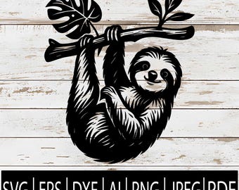 Hanging Sloth SVG | Sloth Hanging from Tree Branch | Sloth Silhouette Design Clipart for Cricut sub Laser cnc | Svg Eps Png Dxf Jpg Pdf Ai
