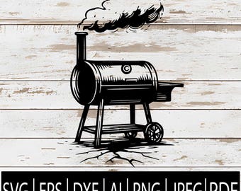 May include: Black and white illustration of a barbecue smoker with smoke billowing from the chimney. The design includes a barrel-shaped cooking chamber, a side shelf, and wheels. The image also includes the file types: SVG, EPS, DXF, AI, PNG, JPEG, and PDF.