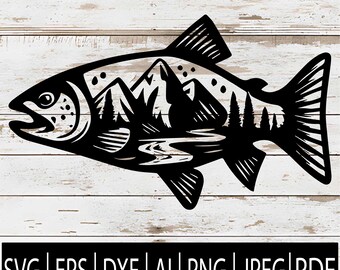 May include: Black fish silhouette with a mountain and forest landscape design. The fish has detailed fins and scales, and the landscape includes trees, mountains, and a river. The image also includes the text "SVG | EPS | DXF | AI | PNG | JPEG | PDF".
