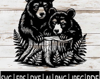 May include: Black and white illustration of two bears, one adult and one cub, nestled together. The bears are set against a backdrop of a tree stump and foliage. The image includes the text "SVG | EPS | DXF | AI | PNG | JPEG | PDF".