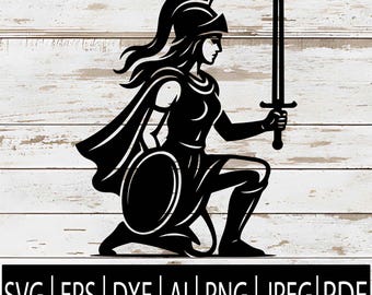 Female Knight SVG | Kneeling Warrior Woman Silhouette | Medieval Sword Cut File for Cricut, CNC, Laser, Sub | Svg Eps Png Dxf Pdf Ai Jpg
