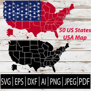 2 in 1 50 US Bundesstaaten SVG | Patriotische US Landkarte Duo - Schwarze Silhouette + Rot/Blaue Flagge Stil US Map -Svg Eps Pdf Png Jpg Ai Sofort Download