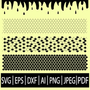 May include: A digital design featuring four different honeycomb patterns. The top pattern is a black dripping paint design. The second pattern is a black and white honeycomb pattern. The third pattern is a black honeycomb pattern. The fourth pattern is a black and white honeycomb pattern. The text "SVG | EPS | DXF | AI | PNG | JPEG | PDF" is at the bottom of the image.