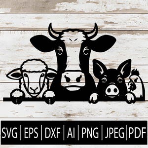 Könnte beinhalten: Schwarz-weiße Grafik mit Nutztieren: einer Kuh, einem Schaf, einem Schwein und einem Huhn. Sie schauen über eine Linie. Darunter stehen Dateiformat-Abkürzungen: SVG, EPS, DXF, AI, PNG, JPEG und PDF.