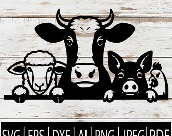 May include: Black and white farm animal graphic featuring a cow, sheep, pig, and chicken. The animals are peeking over a horizontal line. Below the line are file format abbreviations: SVG, EPS, DXF, AI, PNG, JPEG, and PDF.