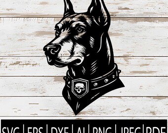 May include: Black and white graphic of a Doberman Pinscher dog head, wearing a studded collar with a skull emblem. The image includes file format options: SVG, EPS, DXF, AI, PNG, JPEG, and PDF.