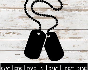 May include: Black dog tag silhouette with a beaded chain, set against a white wood grain background. The image includes the text "Commercial Use" in a red box and file type options: SVG, EPS, DXF, AI, PNG, JPEG, and PDF.