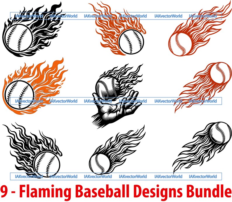 Flaming Baseball SVG Bundle | Fireball Sports Vector | Fast Pitch Clipart for Cricut, Laser, sub, cnc Svg Eps Png Jpg Dxf Ai Pdf Download image 2