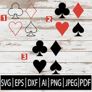 Könnte beinhalten: Spielkartensymbole in Rot, Schwarz und Weiß, darunter Kreuz, Karo, Herz und Pik. Das Bild enthält auch die Zahlen 1, 2 und 3 sowie Dateiformatabkürzungen: SVG, EPS, DXF, AI, PNG, JPEG und PDF.