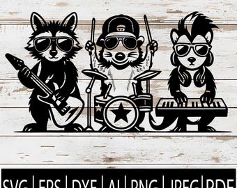 May include: Black and white illustration of a rock band featuring a raccoon playing guitar, a rat on drums, and a skunk on a keyboard. All band members wear sunglasses. The image includes the file types: SVG, EPS, DXF, AI, PNG, JPEG, and PDF.