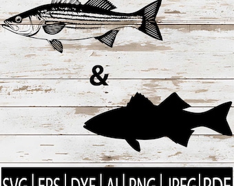 May include: Black and white fish graphic with detailed lines and a solid black fish silhouette. The word "&" is between the two fish. Below the fish are the file type abbreviations: SVG, EPS, DXF, AI, PNG, JPEG, and PDF.