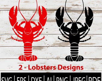 May include: Two lobster designs in red and black, with the text "2 - Lobsters Designs" below. The image also includes file format options: SVG, EPS, DXF, AI, PNG, JPEG, and PDF, all in a black rectangle.