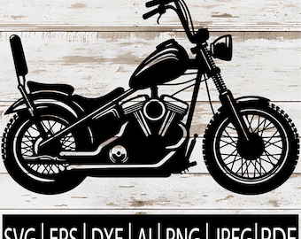 May include: Black and white silhouette of a motorcycle with a single seat and a large front wheel. The motorcycle is on a white wood background.