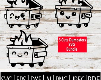 May include: Black and white illustration of three cute dumpsters with flames, smiling faces, and wheels. The image includes the text "3 Cute Dumpsters SVG Bundle" and file type icons: SVG, EPS, DXF, AI, PNG, JPEG, and PDF.