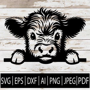 May include: A black and white graphic of a cow's face, peeking over a horizontal line. The cow has large eyes, fluffy hair, and is set against a white and light brown wood-grain background. The bottom of the image displays the text "SVG | EPS | DXF | AI | PNG | JPEG | PDF".